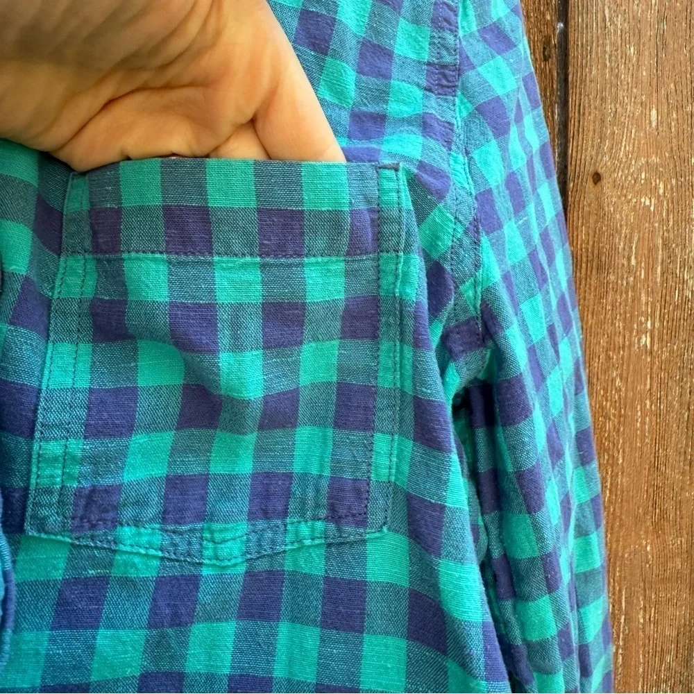 J CREW Women’s Green Blue Plaid Check Cotton Pull Over Blouse Shirt Size 4